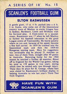 1963 Scanlens NRL #15 Elton Rasmussen Back